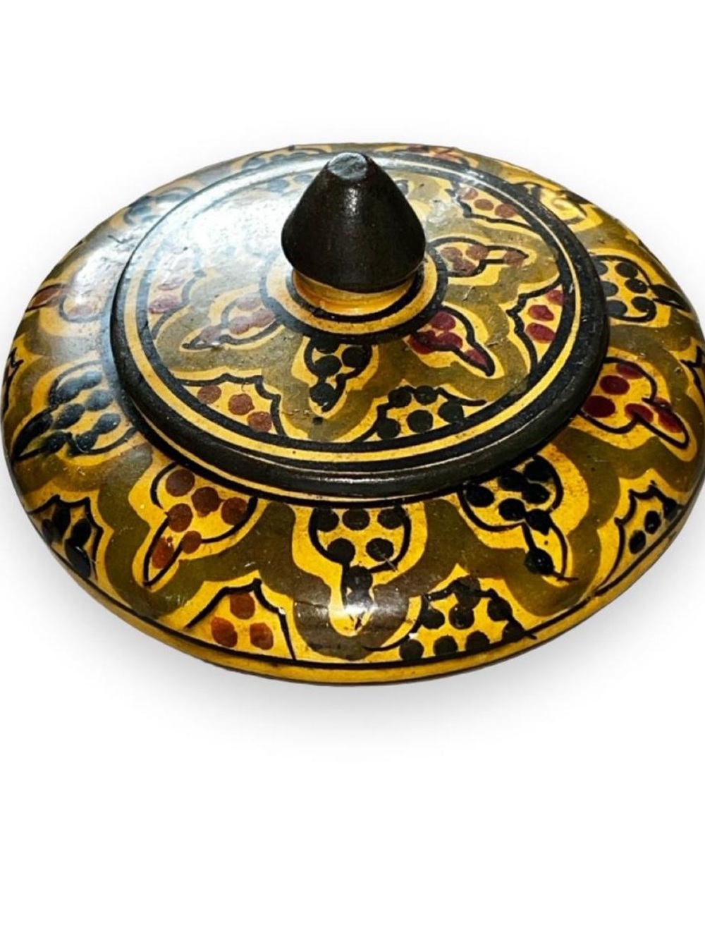 Vintage Moroccan Safi Hand-Painted Yellow Ceramic Trinket Box Bowl